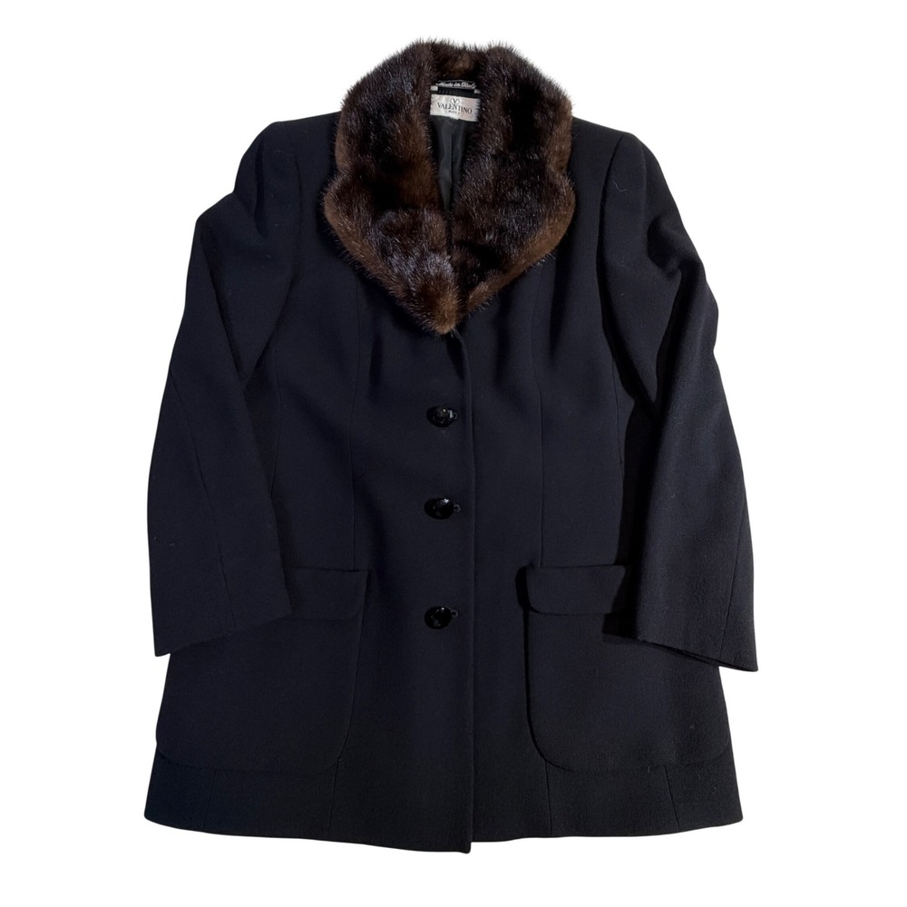 Valentino Miss V Wool Coat L Black Beaver Fur Collar Vintage Italy